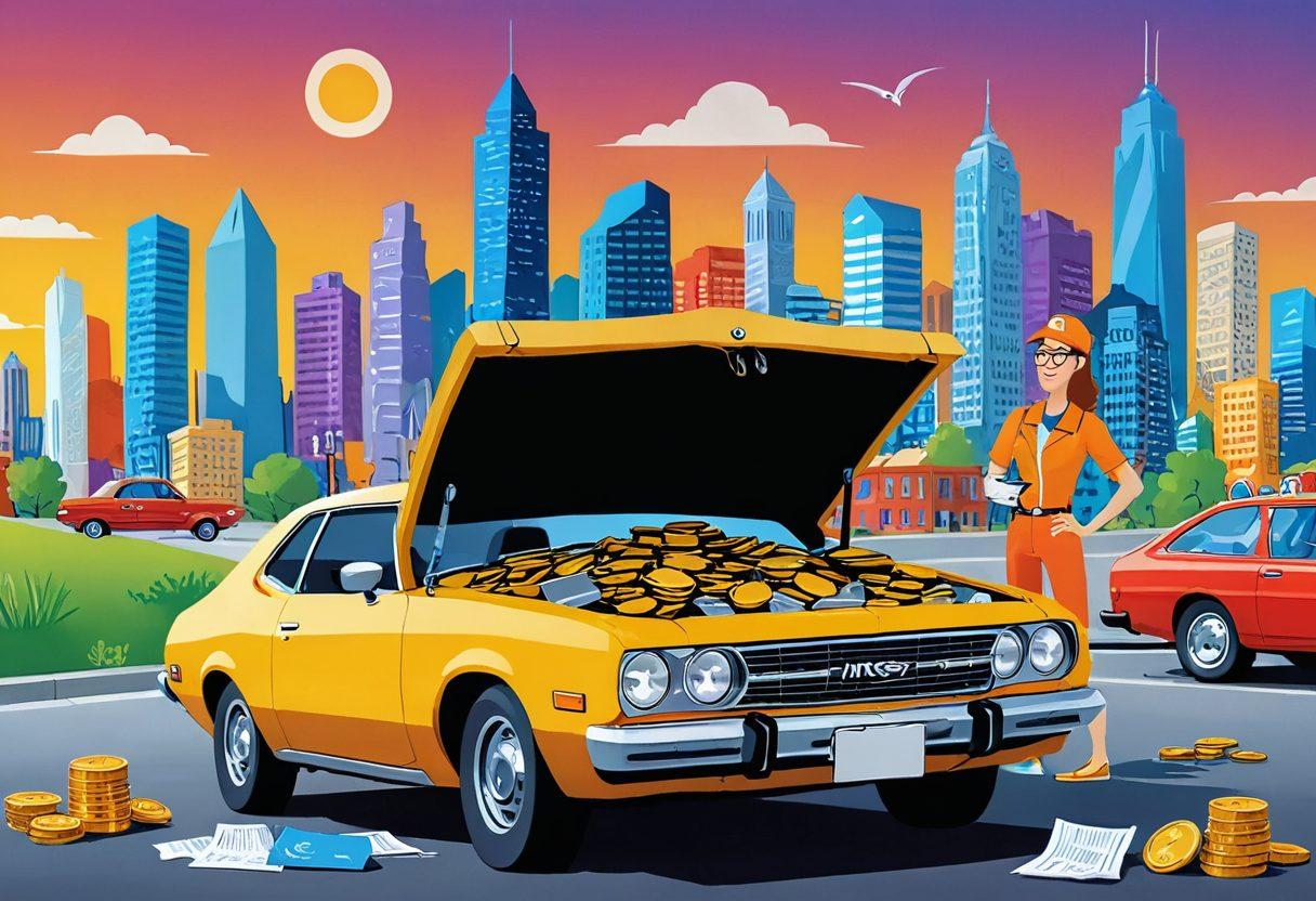 An open treasure chest overflowing with golden coins labeled with various car insurance logos and tips. Surrounding it, a friendly cartoon character holding a magnifying glass, analyzing documents with a lightbulb moment above their head. The background features a colorful cityscape with cars of different models driving safely. The scene conveys excitement and discovery in saving money on car insurance. vibrant colors. cartoon style.