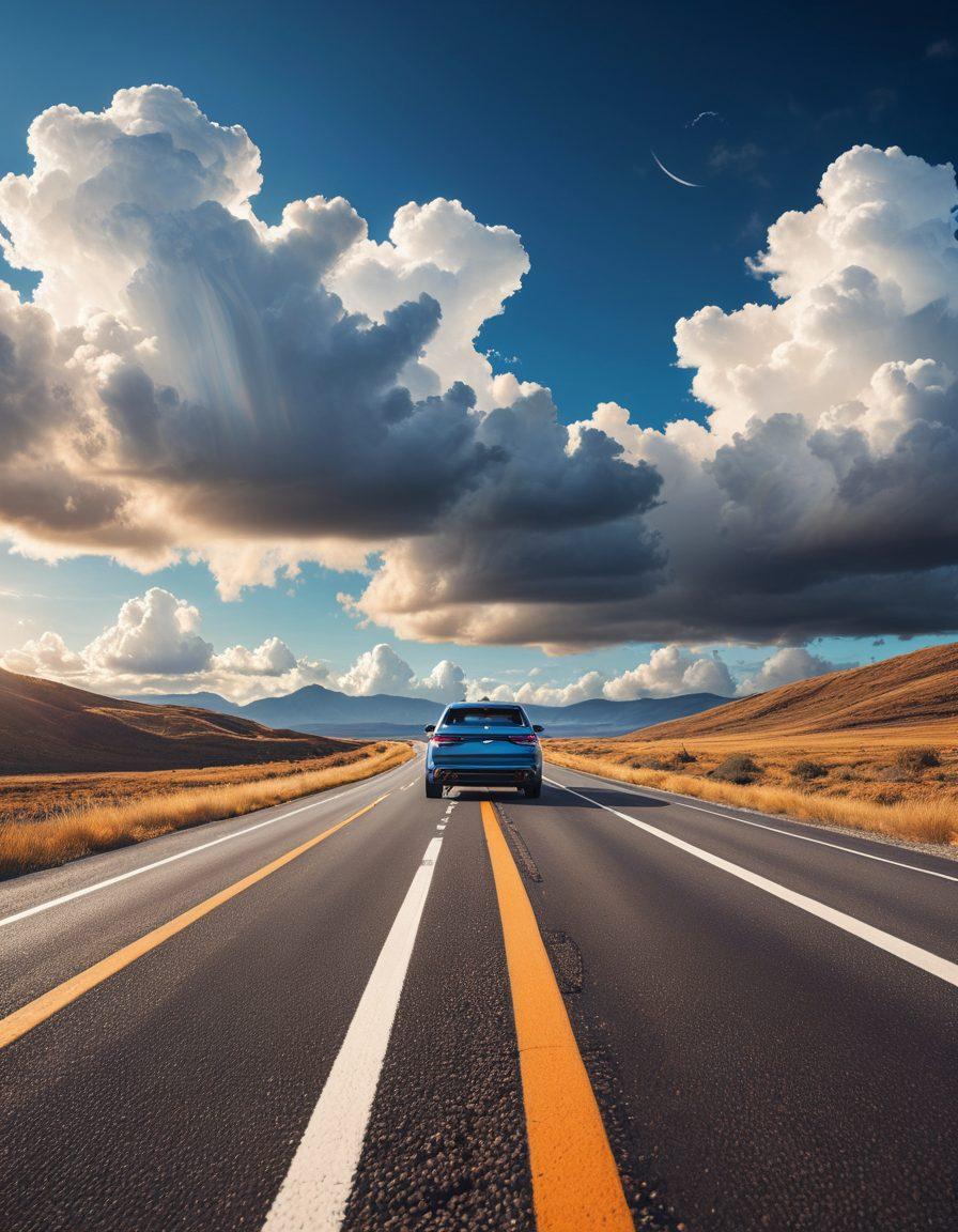 A serene road stretching into the horizon with a confident driver in a modern car, symbolizing freedom and protection. Overlay elements showcasing different car insurance plans, like checkmarks and shields, emphasizing affordability and security. The sky is bright blue with fluffy clouds, portraying a sense of optimism. Incorporate a warm color palette to evoke trust and confidence. super-realistic. vibrant colors. white background.