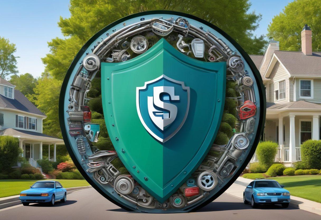 A visually engaging illustration depicting a shield made of various vehicle parts, symbolizing protection, surrounded by icons of diverse insurance coverage options like cars, paperwork, and dollar signs. The background features a serene suburban neighborhood, suggesting safety and peace of mind. Soft blues and greens enhance the sense of security and trust. vibrant colors. vector art.